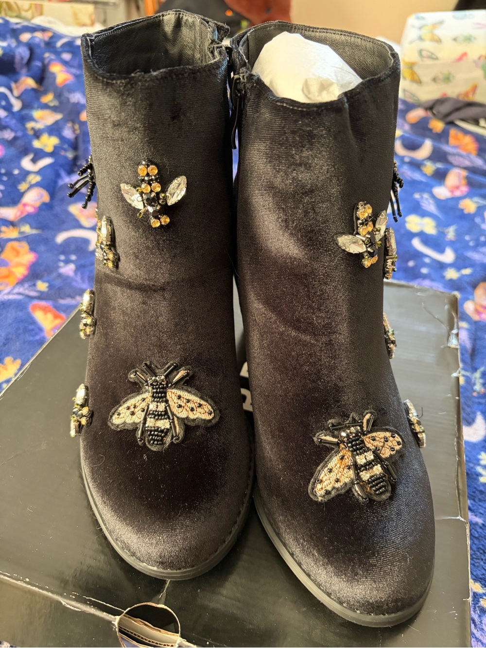 torrid Black Embellished Ankle Booties with Beaded Bee Accents - Picture 3 of 9